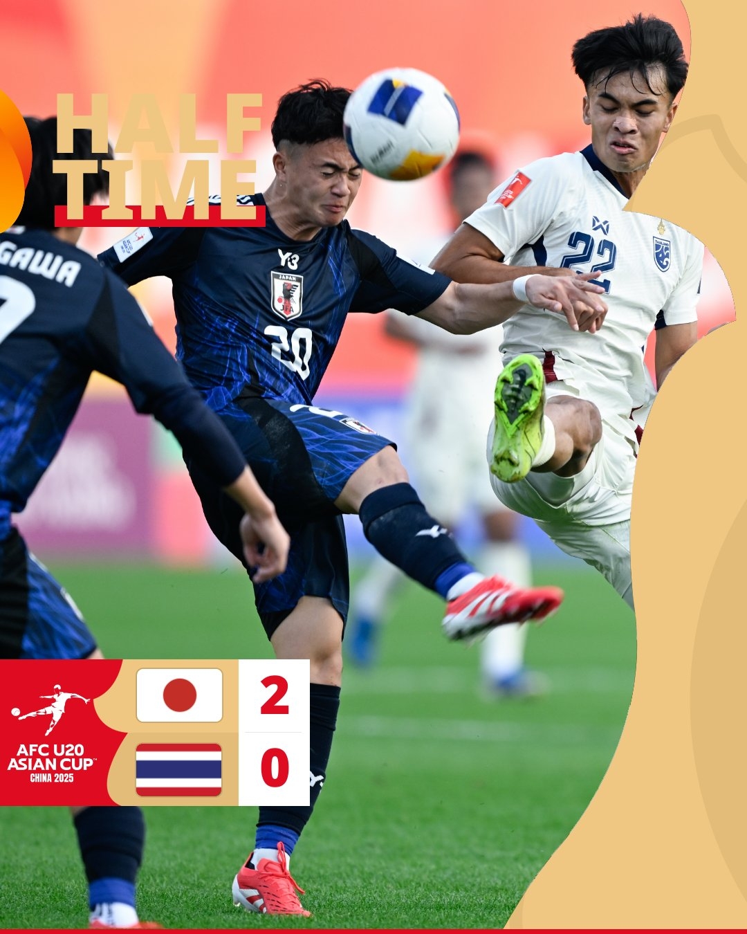  半場-日本U20 2-0領先泰國U20，石井久繼破門+中柱 泰國0射正