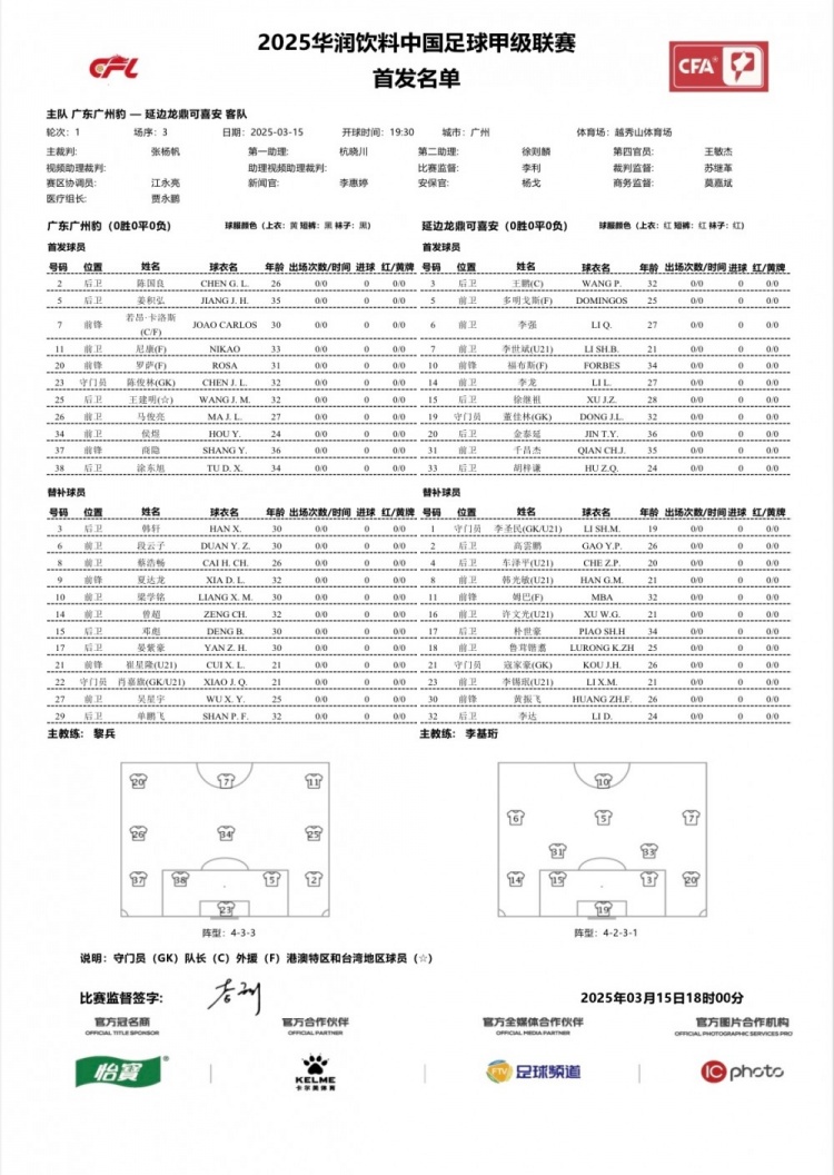  廣州豹vs延邊龍鼎首發(fā)：卡洛斯、羅薩、尼康三外援領(lǐng)銜廣州豹