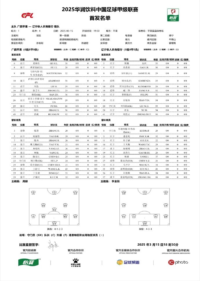  中甲-廣西平果vs遼寧鐵人首發(fā)：三外援對決三外援，安以恩出戰(zhàn)