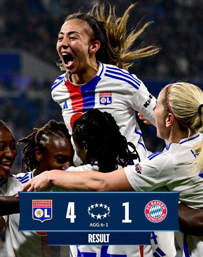  里昂女足4-1大勝拜仁女足，總比分6-1晉級(jí)女足歐冠半決賽